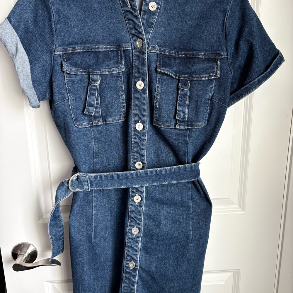 Denim Button-Down Belted Dress